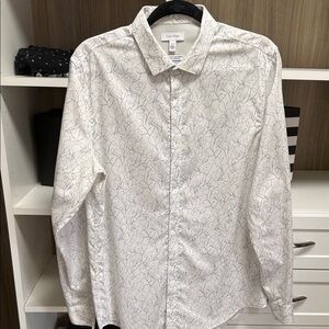 Calvin Klein White Dress Shirt with Light Gray Floral Outline